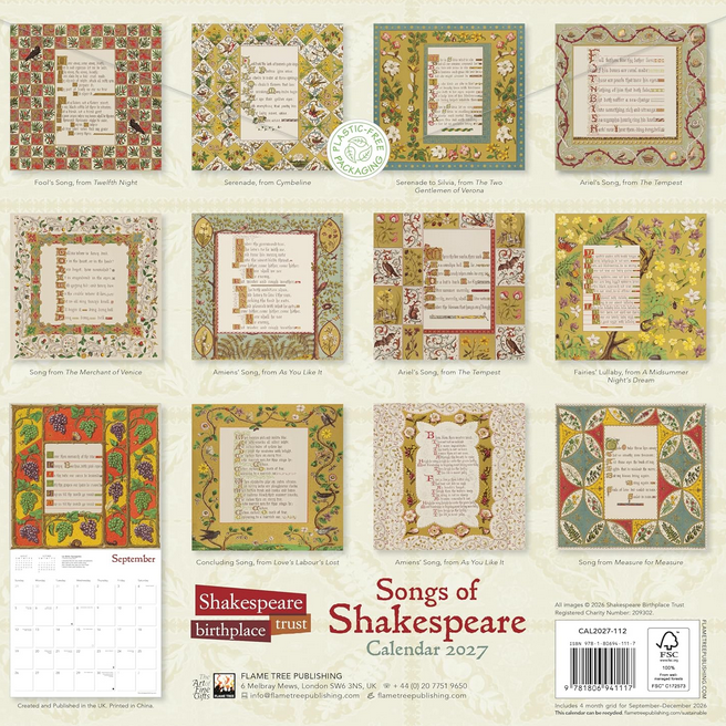 Songs of Shakespeare Wall Calendar 2027
