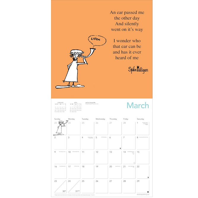 Spike Milligan 2025 Wall Calendar The Literary Gift Company