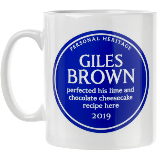 Personalised Heritage Mug. Blue plaque on white mug. Giles Brown perfected his lime and chocolate cheesecake recipe here. 2019